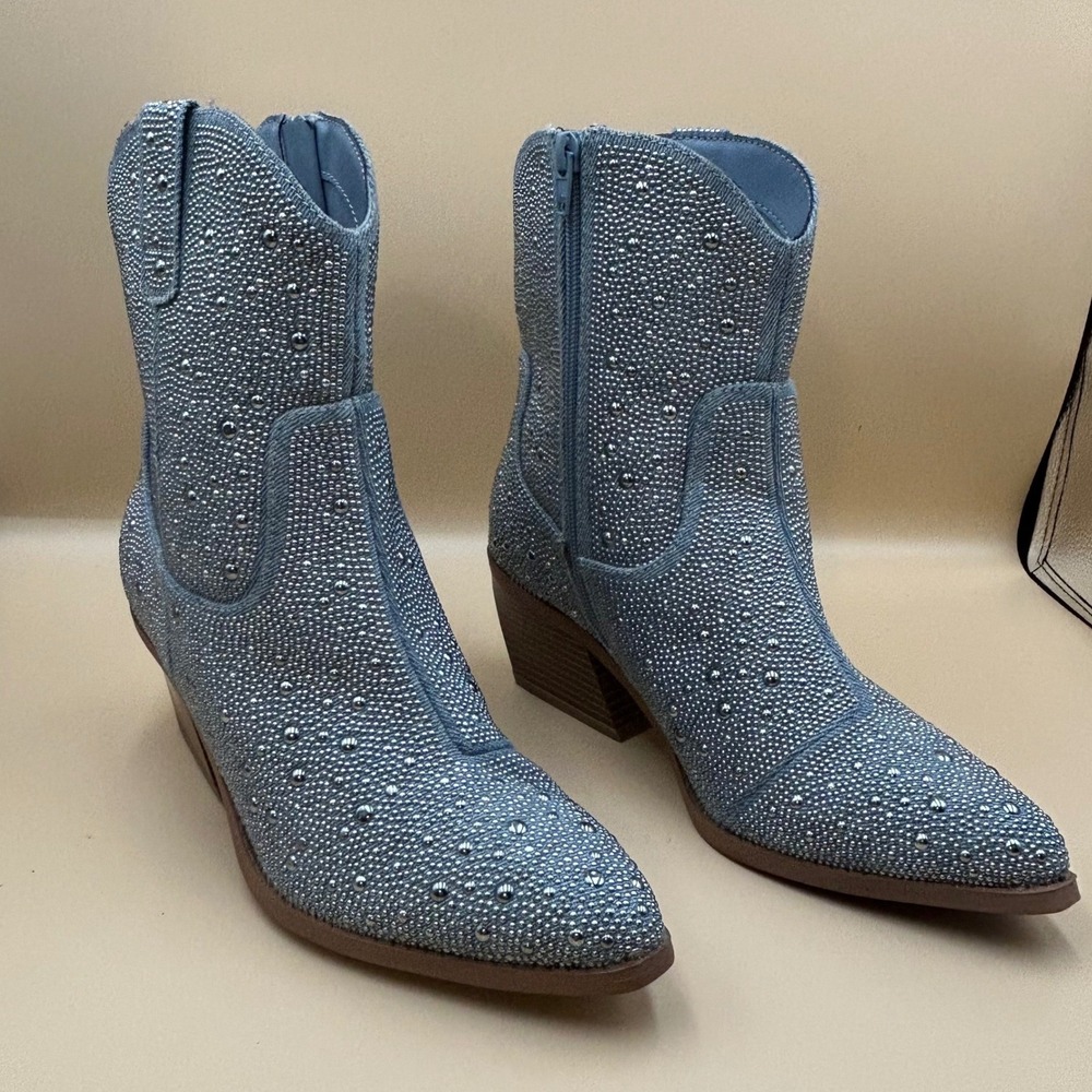 Madden NYC Womens Rhinestone Studded Denim Western Boots Blue Size 8